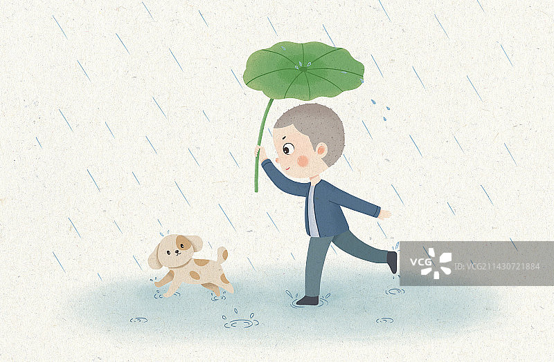 谷雨插画小狗和小男孩避雨(无字)图片素材