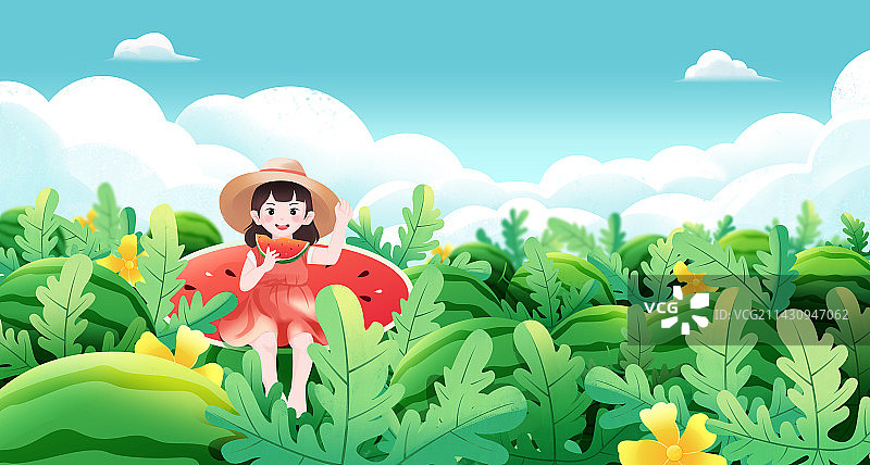 传统节气立夏可爱少女吃西瓜插画海报图片素材