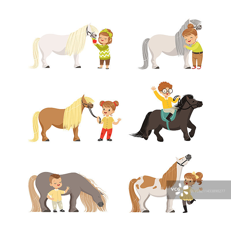 小男孩和小女孩骑着小马图片素材