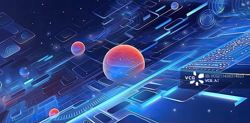 【AI数字艺术】蓝色数字科技球体3D渲染，抽象的未来感3D高速星球背景图片素材