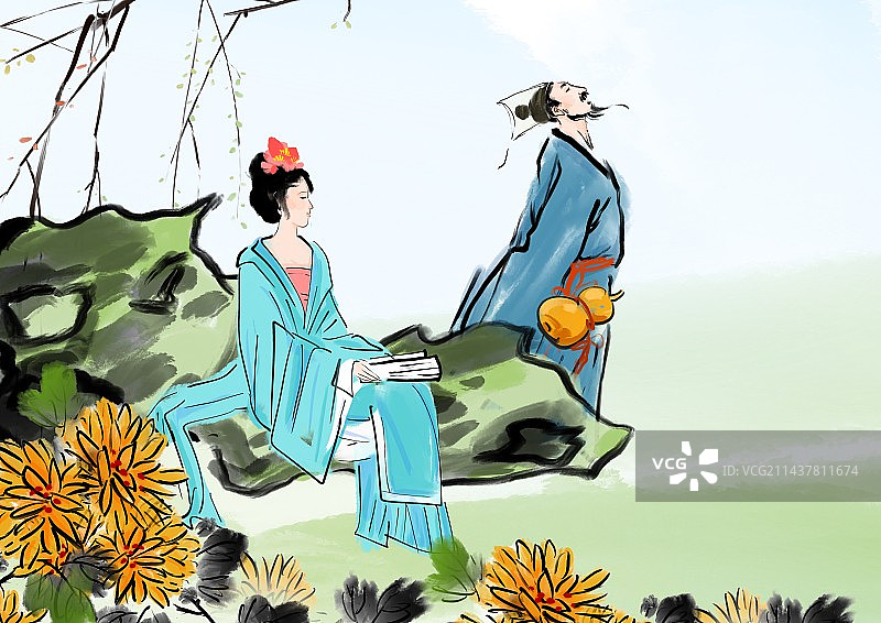 中国风水墨人物爱情汉服插画图片素材