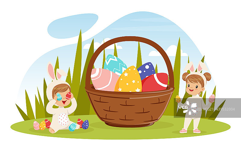 小女孩和小男孩穿着复活节兔子装图片素材