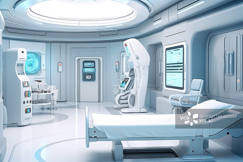【AI数字艺术】空置医院手术室手术台上的医疗设备、技术和照明图片素材