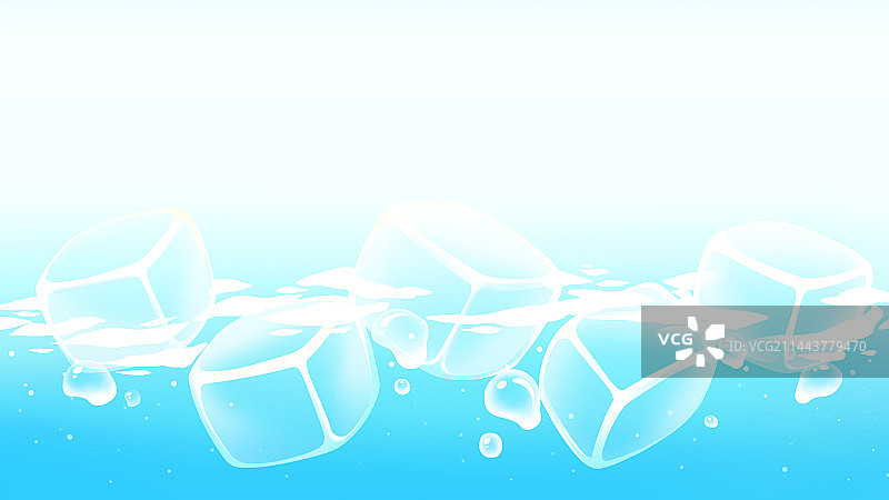 漂浮着冰块的清澈的水，蓝色清新治愈清凉夏季插画图片素材