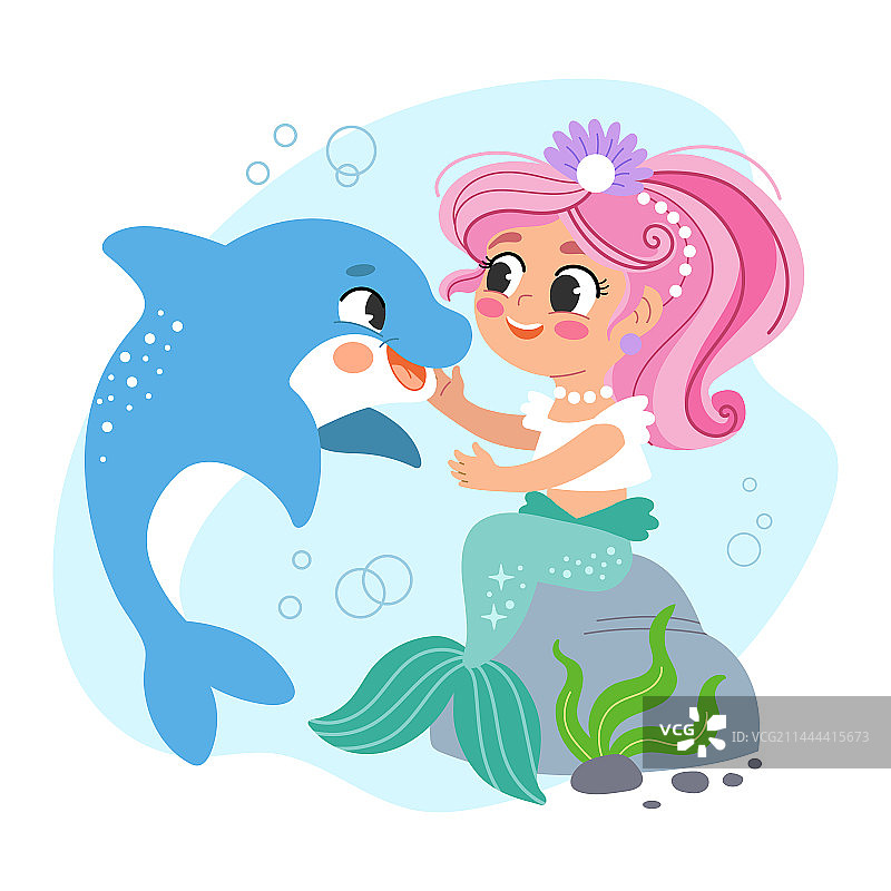 可爱的卡通粉发美人鱼与海豚图片素材