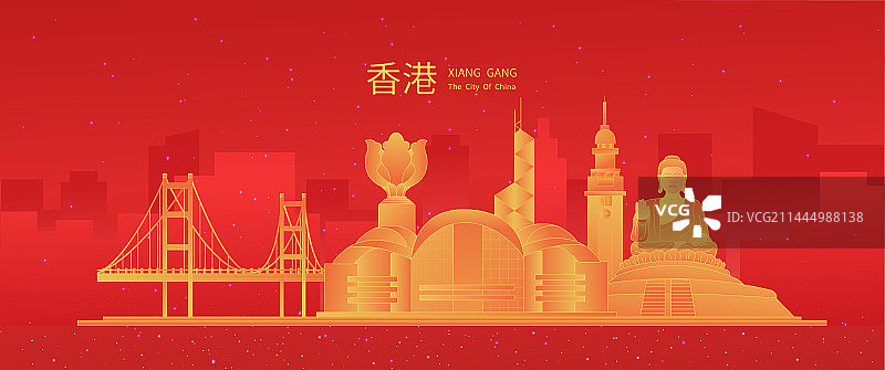 香港金色发光红色渐变喜庆地标旅游矢量城市图片素材