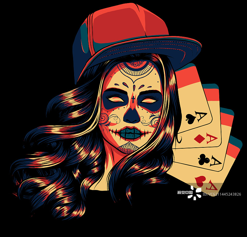 戴着帽子拿着扑克牌的女孩图片素材