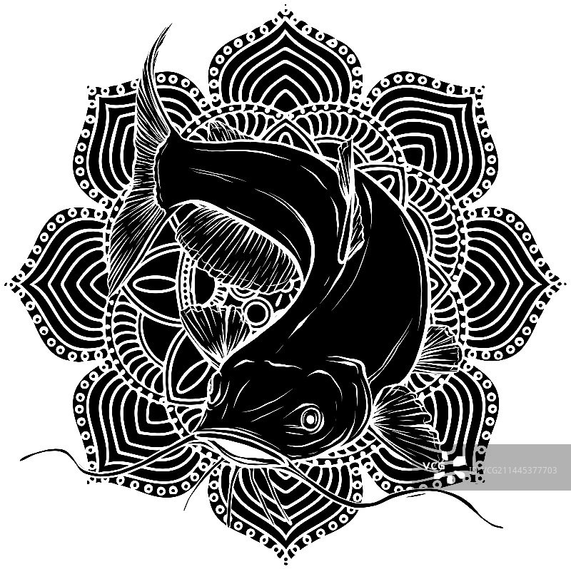 黑色的鲶鱼剪影与曼陀罗装饰图片素材
