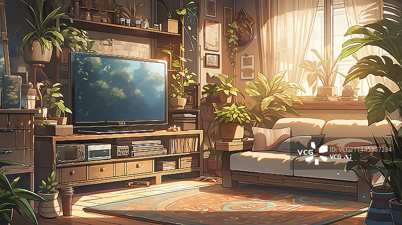 【AI数字艺术】温馨舒适的家，客厅沙发窗户植物电视茶几图片素材
