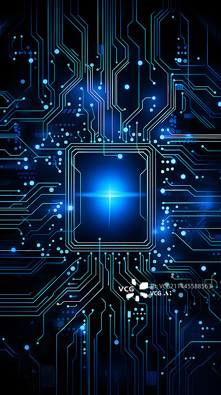 【AI数字艺术】蓝色科技抽象芯片核心概念背景图片素材