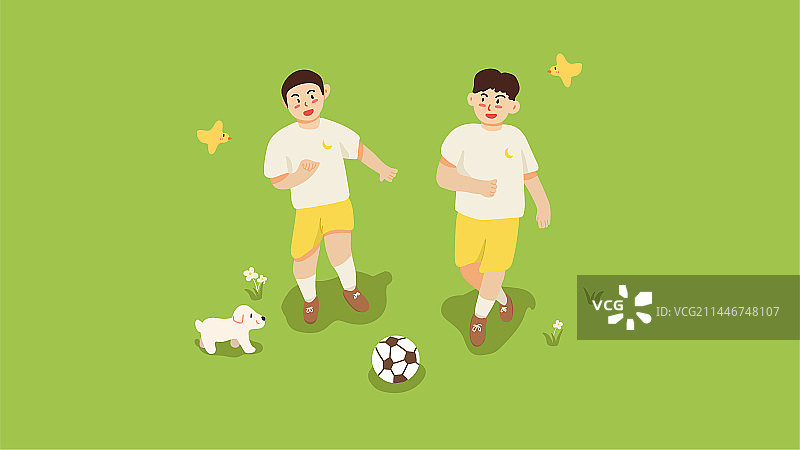 两个男孩在草地上踢足球插画图片素材