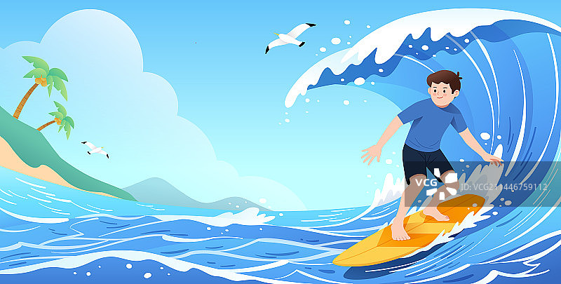 夏天户外冲浪者和蓝天大海海浪等风景矢量插画横版图片素材