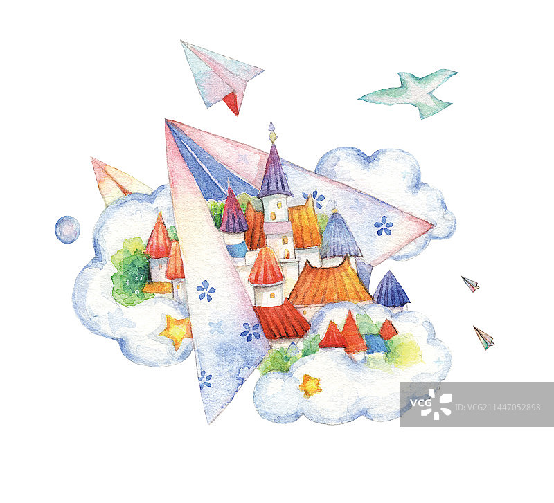 水彩手绘带着童话梦想的纸飞机云朵城堡图片素材