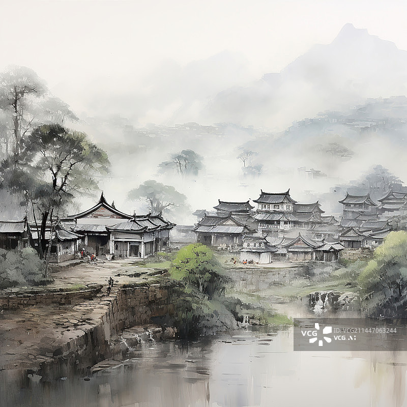 【AI数字艺术】水墨中国山村的插画矢量图图片素材
