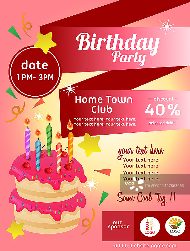五颜六色的生日海报，蛋糕和蜡烛图片素材
