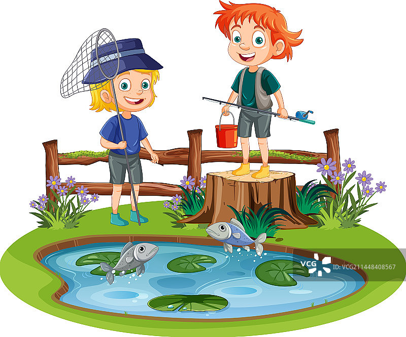 孩子们在池塘里钓鱼图片素材