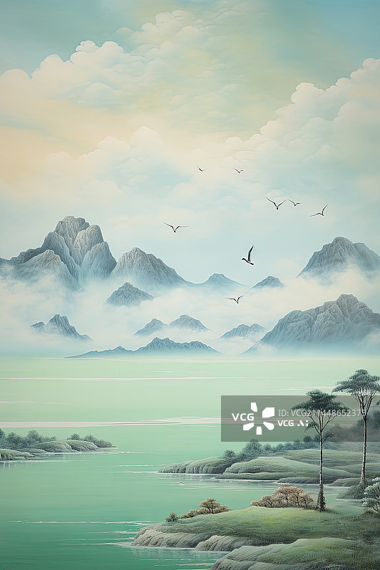 【AI数字艺术】中国画风格的山水画图片素材