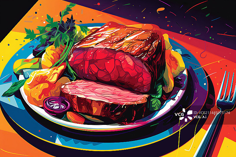 【AI数字艺术】一份鲜艳有食欲的西餐牛排插画图片素材