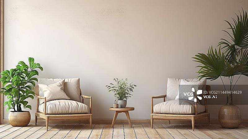 【AI数字艺术】现代风格的客厅内部，木质扶手椅，边桌和木地板上的空白墙,图片素材