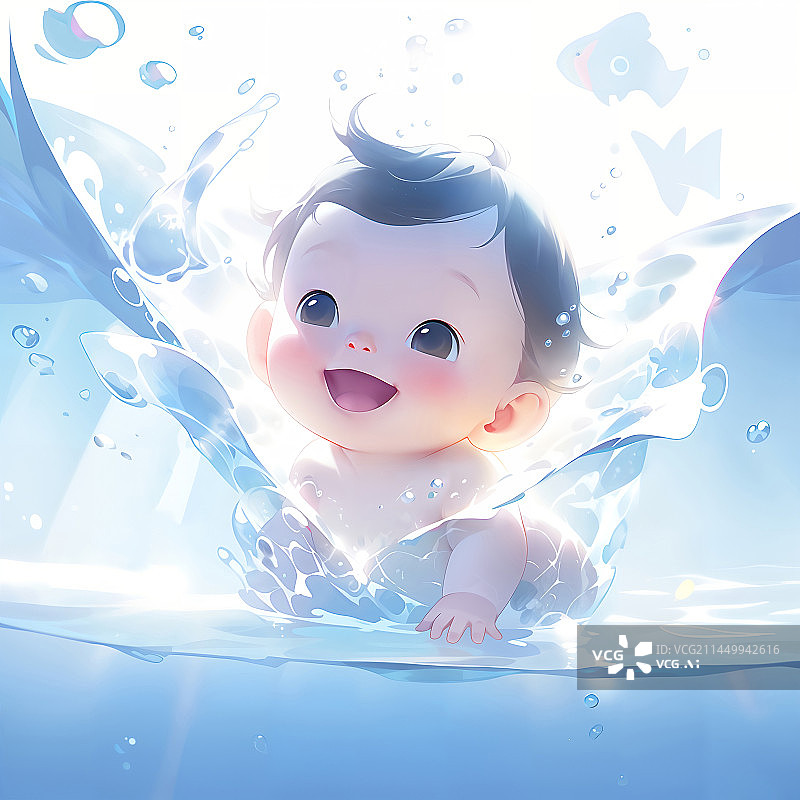 【AI数字艺术】小婴儿在水里游泳水泡水花可爱治愈插画图片素材