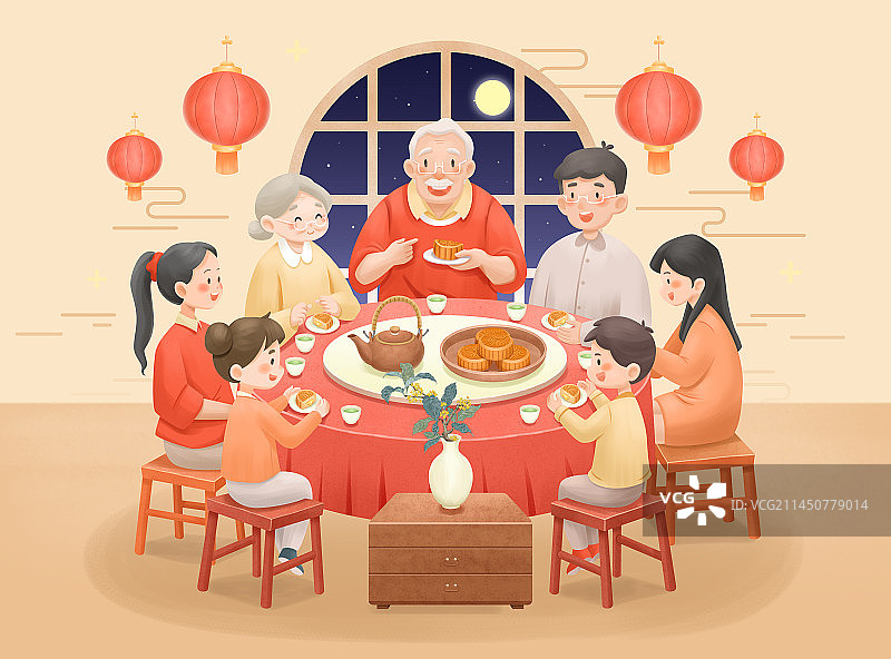中秋节一家人一起聚餐喝茶吃月饼图片素材