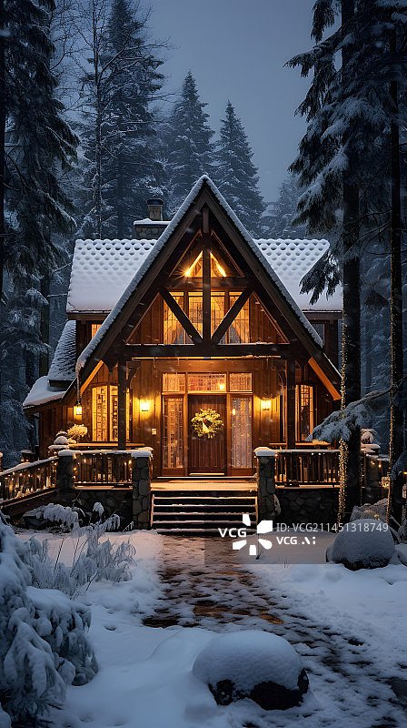 【AI数字艺术】冬天圣诞节下雪后的房屋图片素材