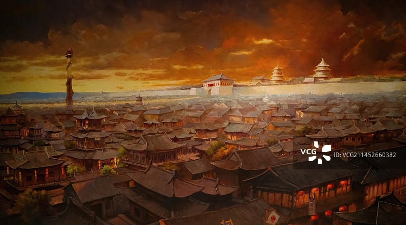 河南省博物院绘画，万家灯火的东都洛阳图片素材
