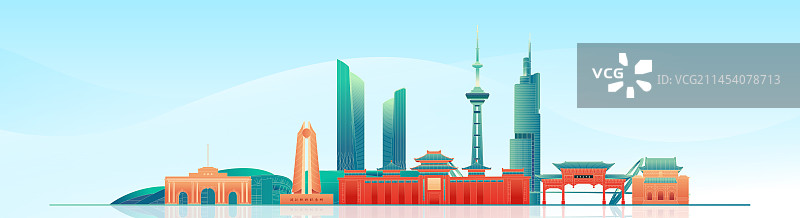 国风南京城市地标建筑彩色矢量插画海报图片素材