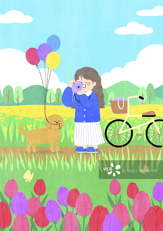 女孩和狗在野餐的插图图片素材