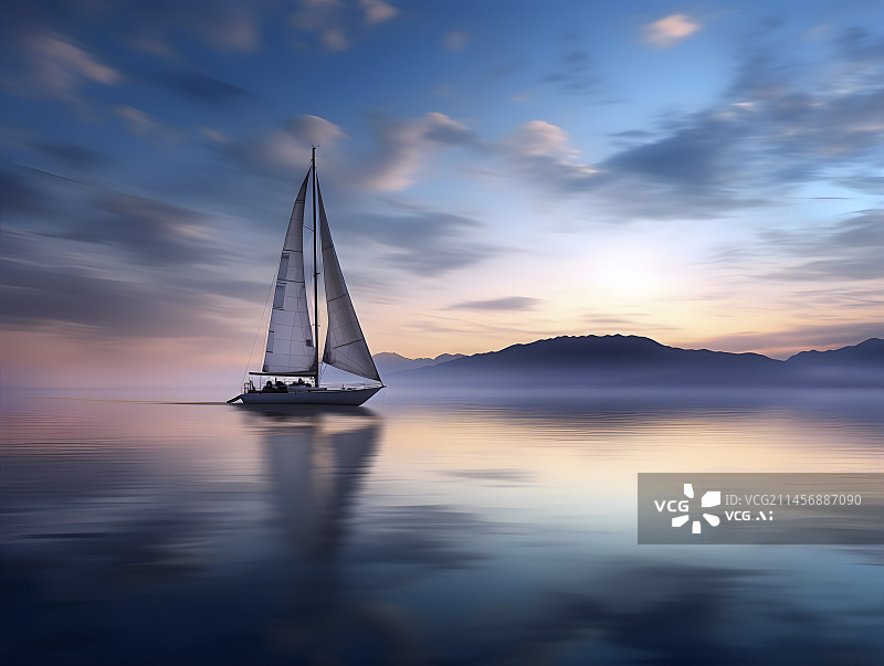 【AI数字艺术】傍晚平静的大海上的帆船图片素材