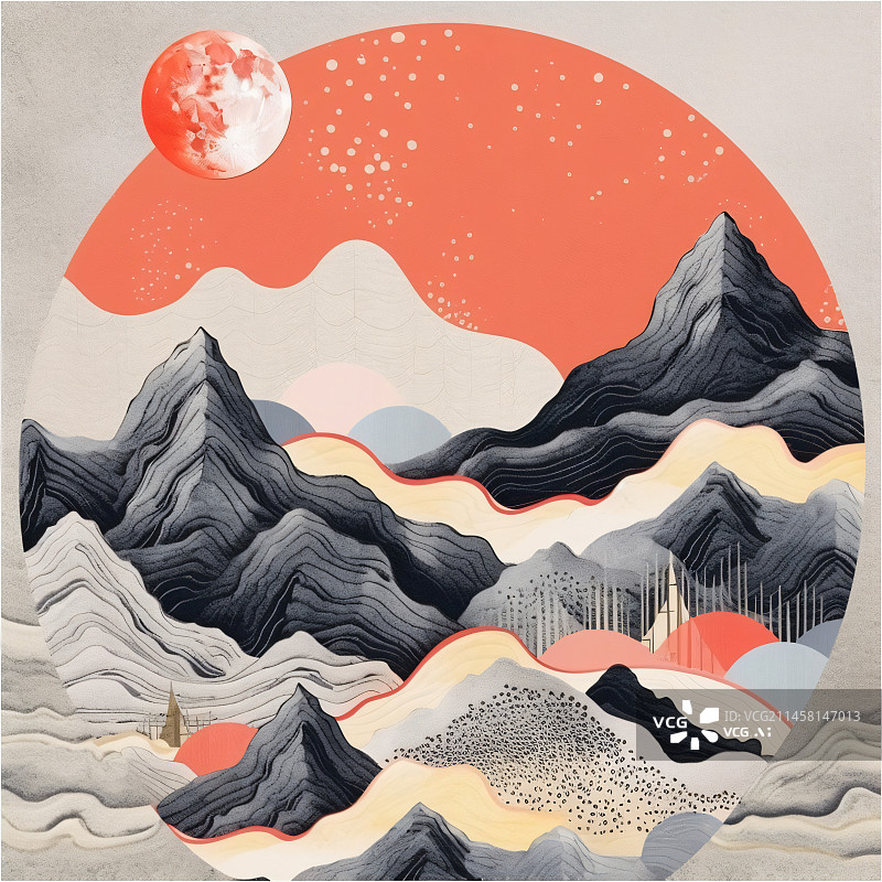 【AI数字艺术】红色太阳灰色山峰云雾新中式中国风插画图片素材