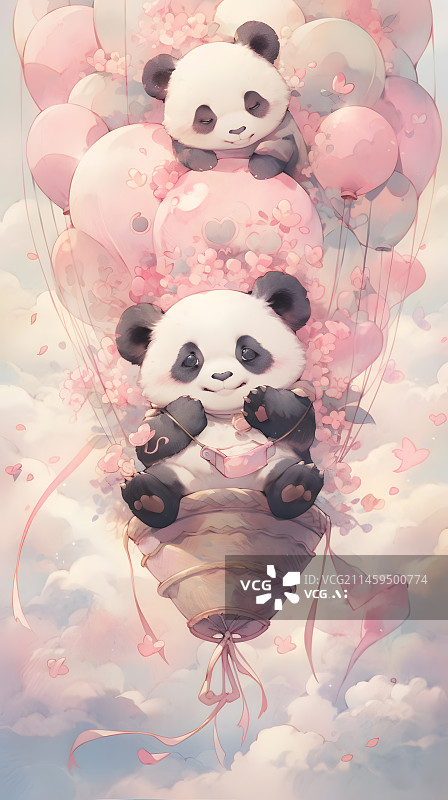 【AI数字艺术】粉色熊猫热气球插画图片素材