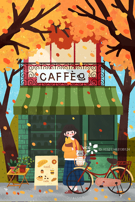 秋天落叶一个人咖啡店图片素材