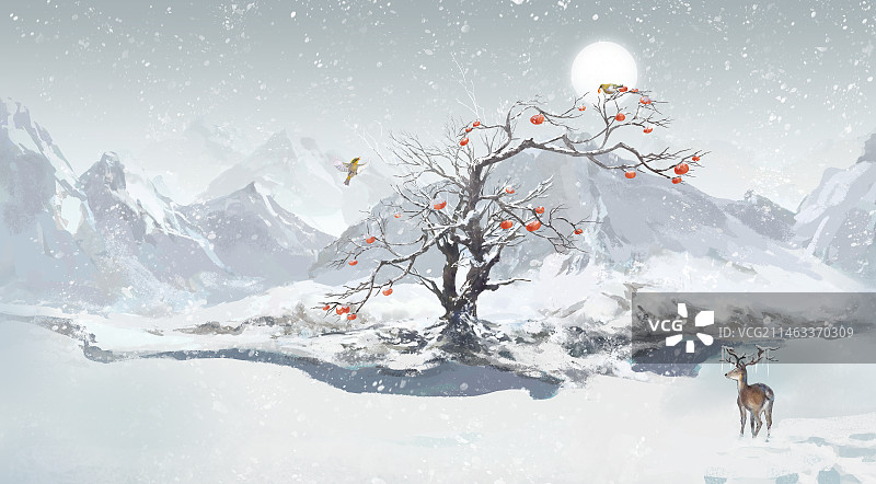 手绘冬季风景画意境雪山节气背景插画图片素材