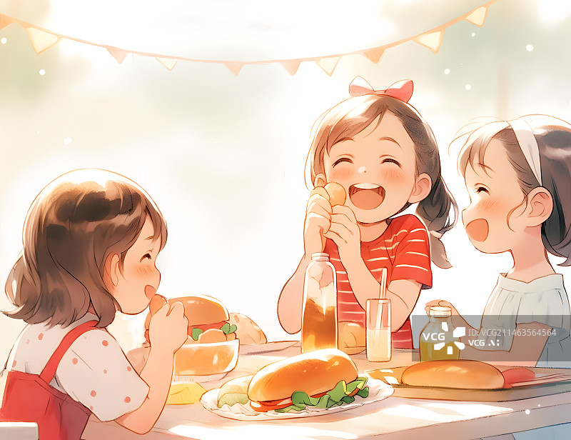 【AI数字艺术】三个孩子正在开心地吃饭卡通插画孩子正在开心地吃饭卡通插画图片素材