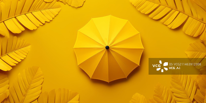 【AI数字艺术】黄色的伞与树叶在黄色背景上图片素材