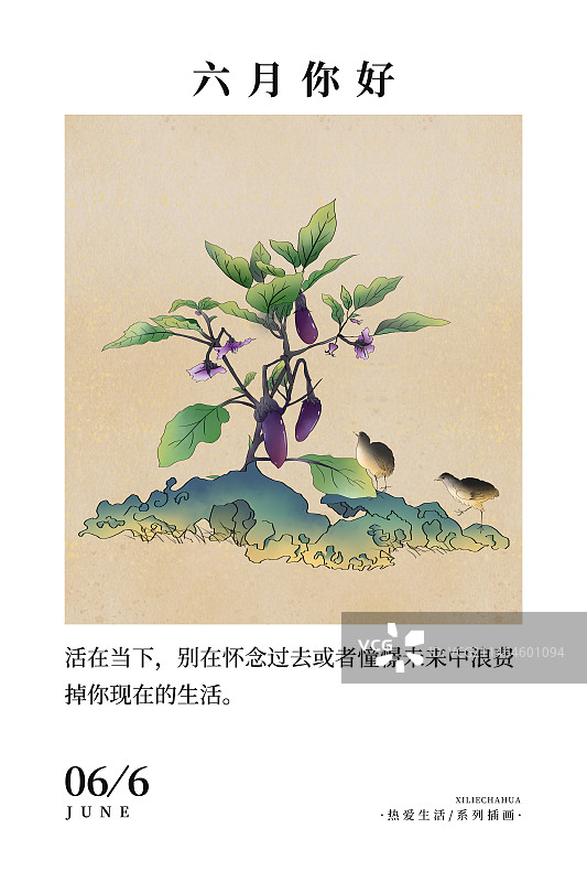 2024中国风应季蔬菜水果风景日历插画 台历海报模版 六月-假山旁边的茄子树与小鸡图片素材