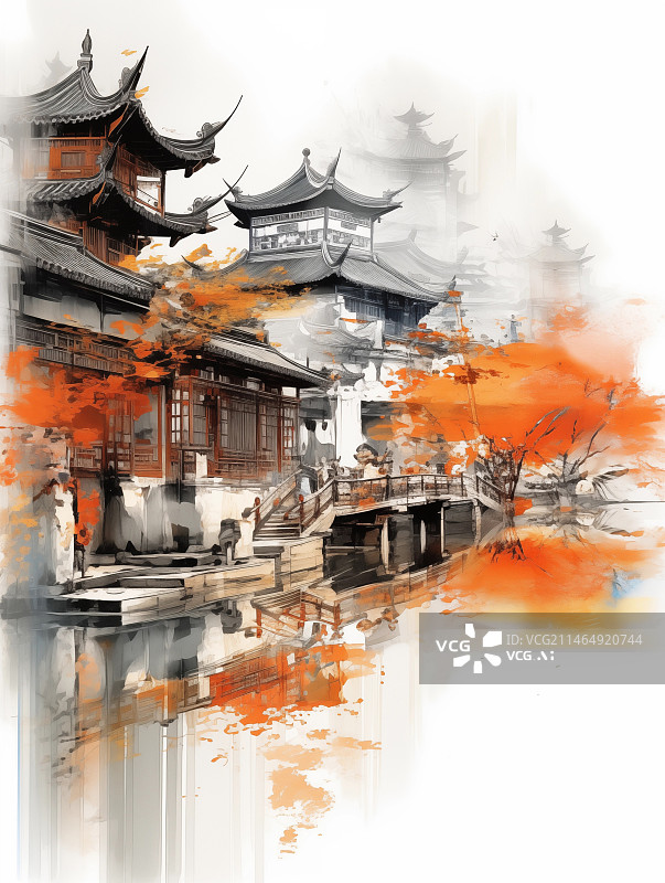 【AI数字艺术】国画水墨淡彩建筑江南水乡写意图片素材