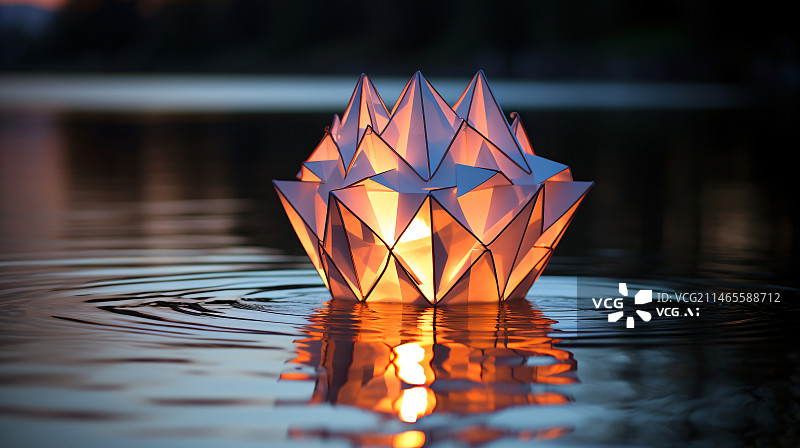 【AI数字艺术】3D渲染的夜晚水上孔明灯，寒衣节放河灯概念插图图片素材
