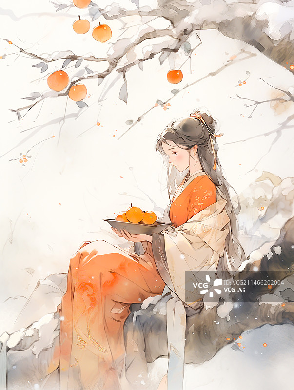 【AI数字艺术】水墨国风坐在柿子树上的美丽女孩图片素材