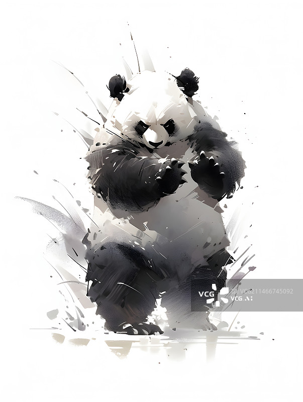 【AI数字艺术】白色背景下的水墨风大熊猫在练太极图片素材