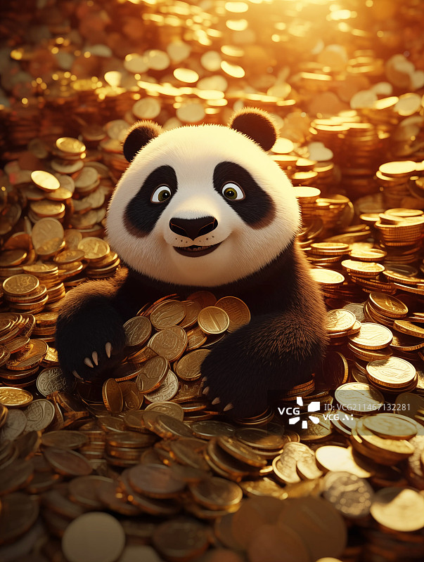 【AI数字艺术】满屋金币上的大熊猫3D金融类插画图片素材