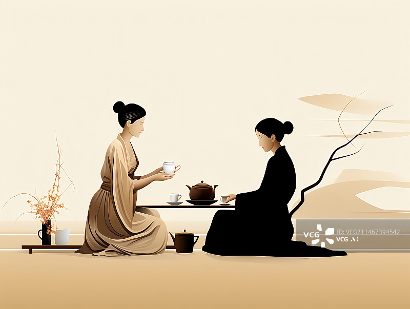 【AI数字艺术】两个喝茶女人的艺术插图图片素材