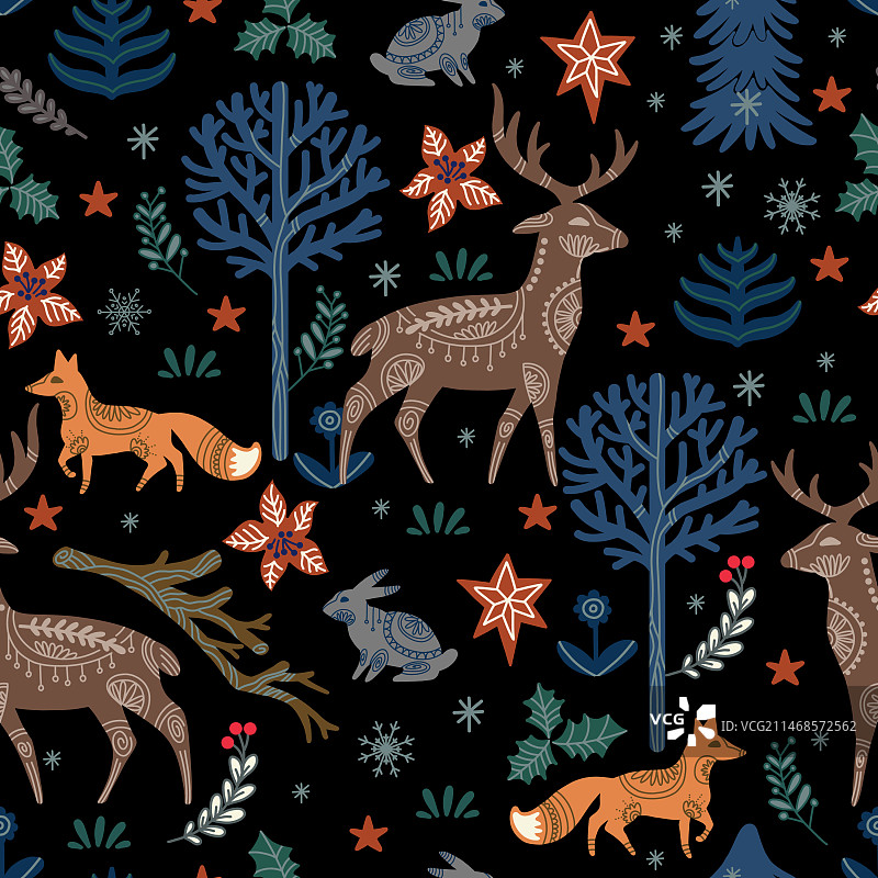 圣诞无缝图案与鹿和兔子图片素材