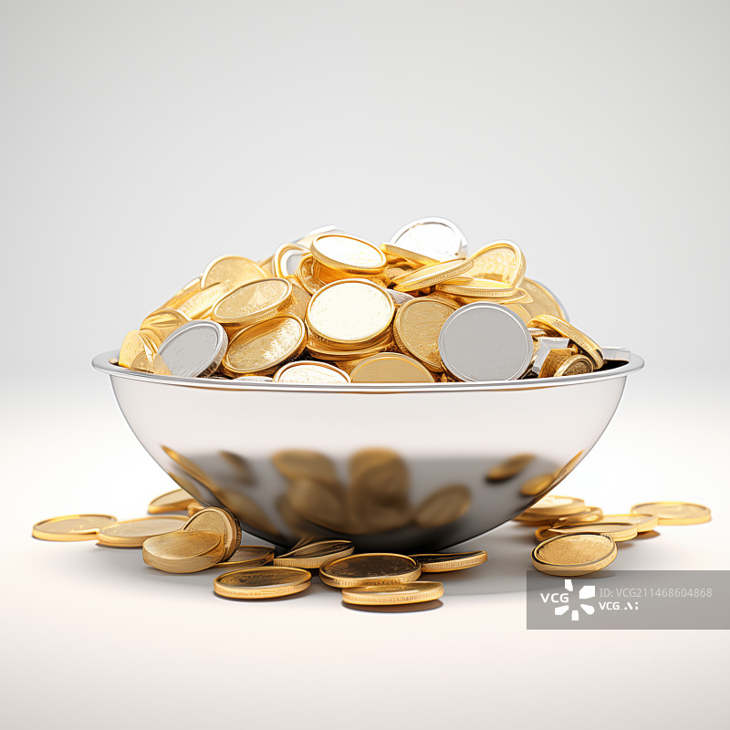 【AI数字艺术】3D渲染一碗金币银币抽象插画图片素材