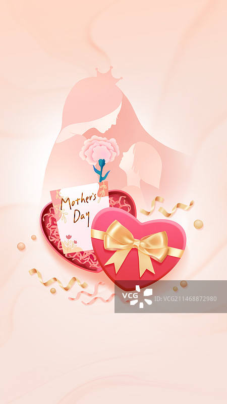 爱的礼物节日插画-母亲节，爱心礼盒，留言卡片，康乃馨，母子。图片素材