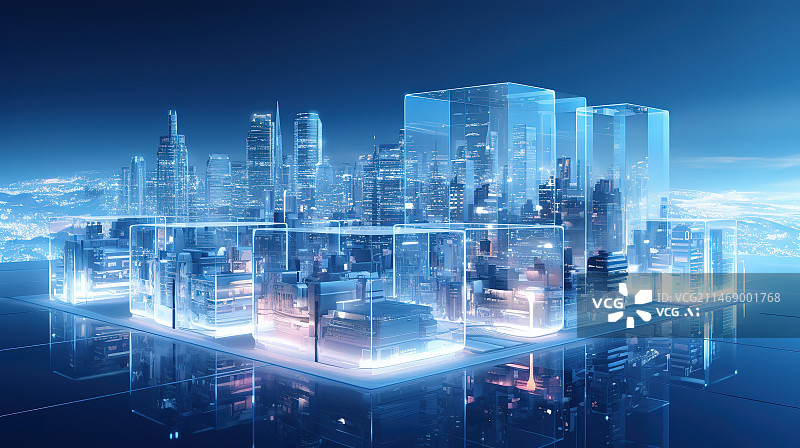 【AI数字艺术】数码未来蓝色城市建筑场景图形海报网页PPT背景图片素材