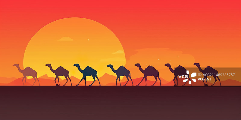 【AI数字艺术】夕阳下的骆驼剪影图片素材