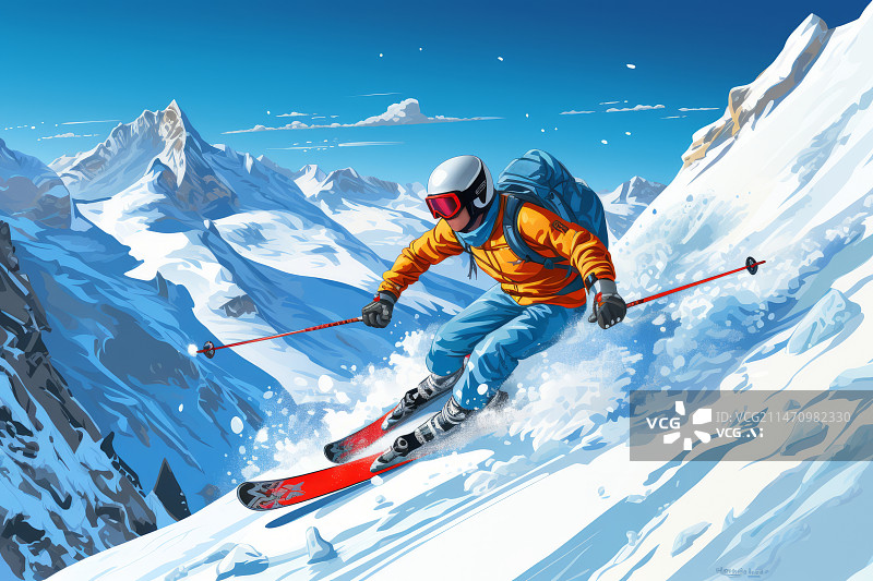 【AI数字艺术】雪山上的滑雪者卡通插画图片素材