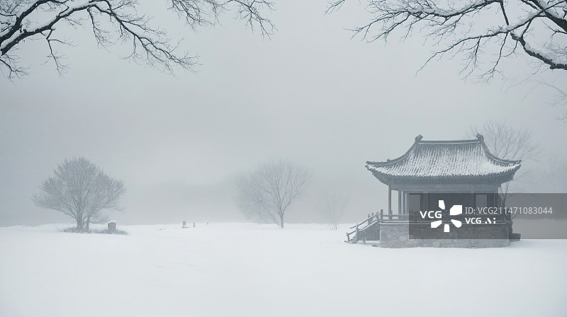【AI数字艺术】国风画意古建风雪场景图片素材